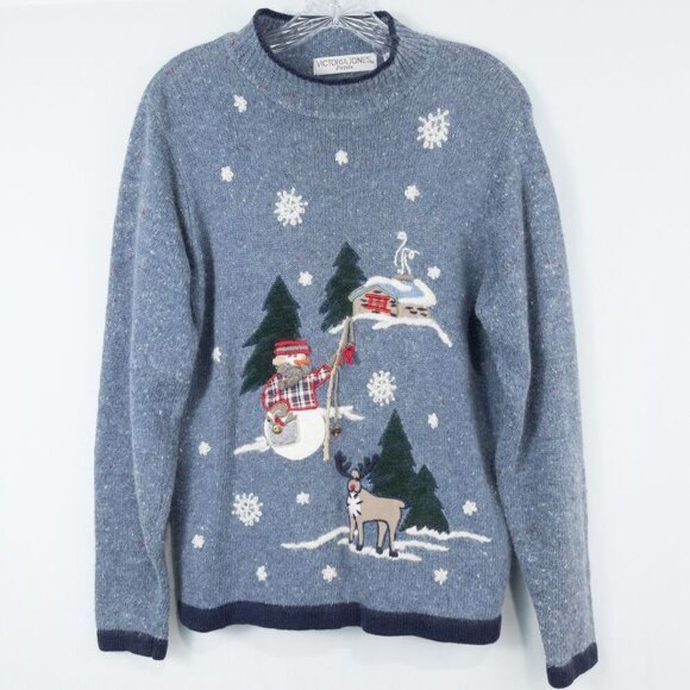 Vintage Victoria Jones Ugly Christmas Sweater‎ Womens Petite Large Blue Holiday